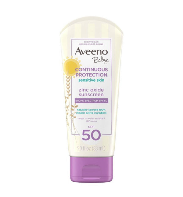 Aveeno Baby Continuous Protection Sensitive - Zinc Oxide with Broad Spectrum Skin Lotion Sunscreen - SPF 50 - 3 fl oz *Preorder*