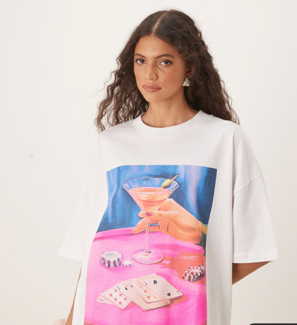 ASOS DESIGN oversized t-shirt with cocktail drink graphic in white "S" *Preorder*